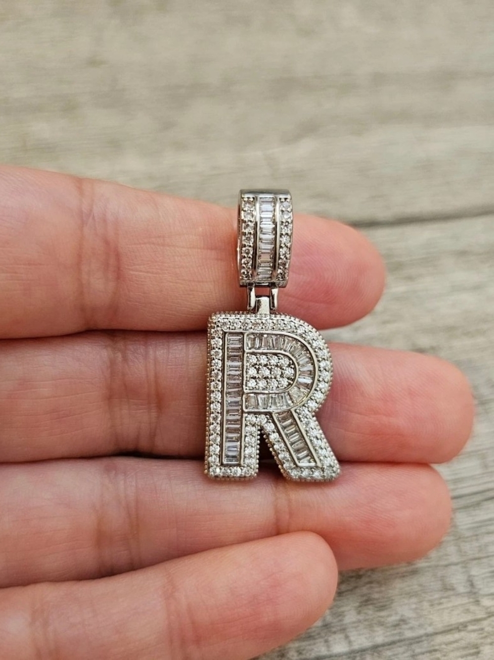 Sterling Silver 'R' Initial Pendant with Clear CZ Accents